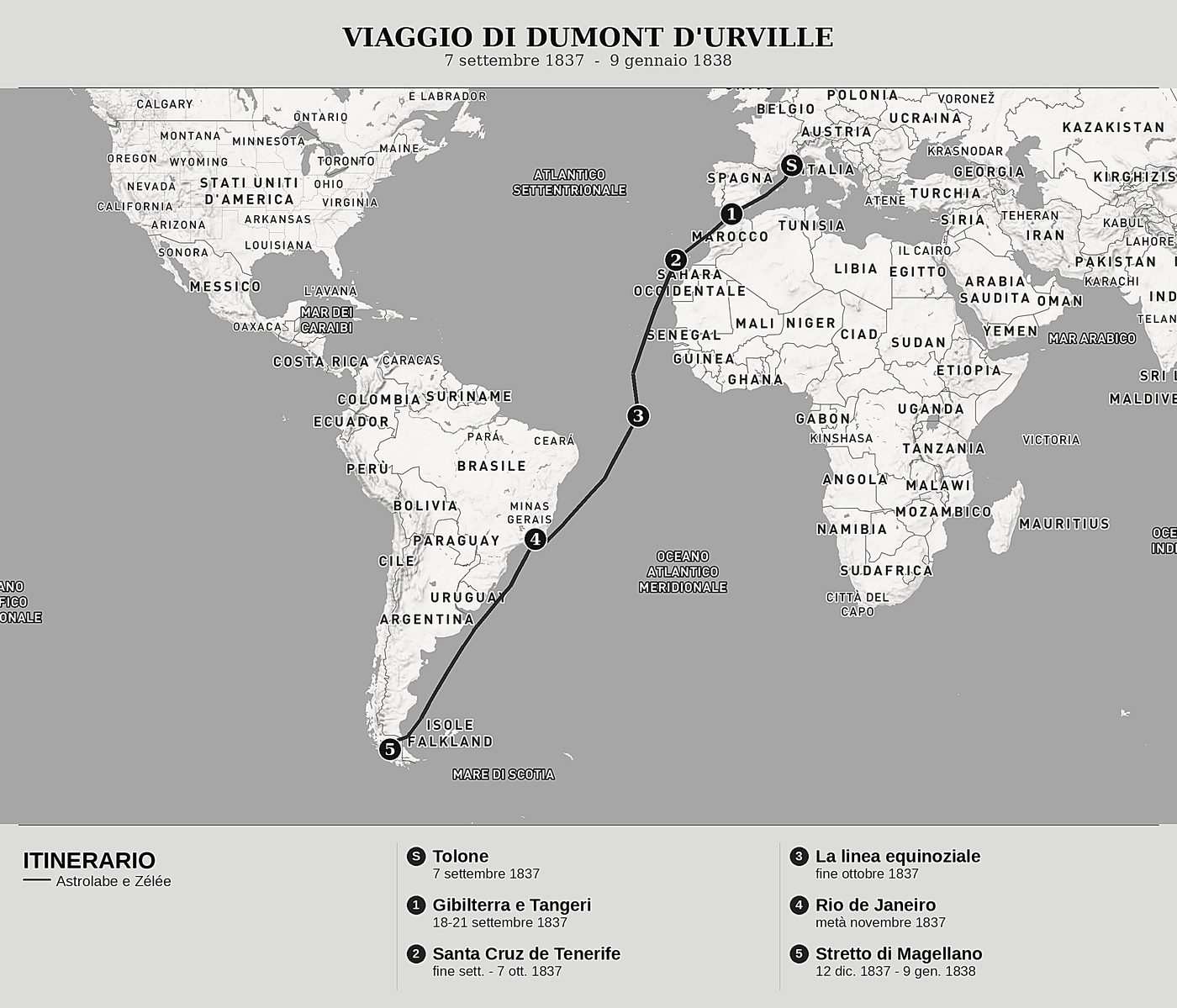 Mappa d'insieme di Viaggio al polo Sud e in Oceania, Tomo I: Tolone, Tenerife, Rio de Janeiro e lo stretto di Magellano di Jules Dumont d'Urville, nord in alto: 7 settembre 1837  -  9 gennaio 1838.