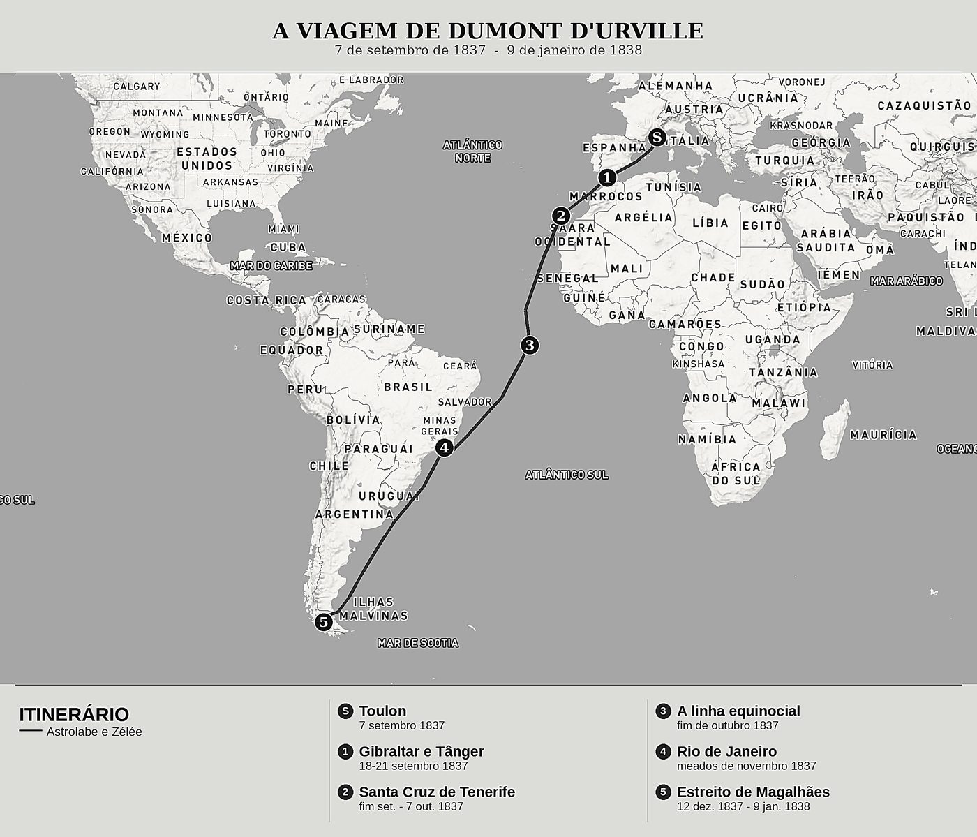 Mapa geral de Viagem ao Polo Sul e à Oceânia, Tomo I: Toulon, Tenerife, Rio de Janeiro e o estreito de Magalhães de Jules Dumont d'Urville, norte em cima: 7 de setembro de 1837  -  9 de janeiro de 1838.