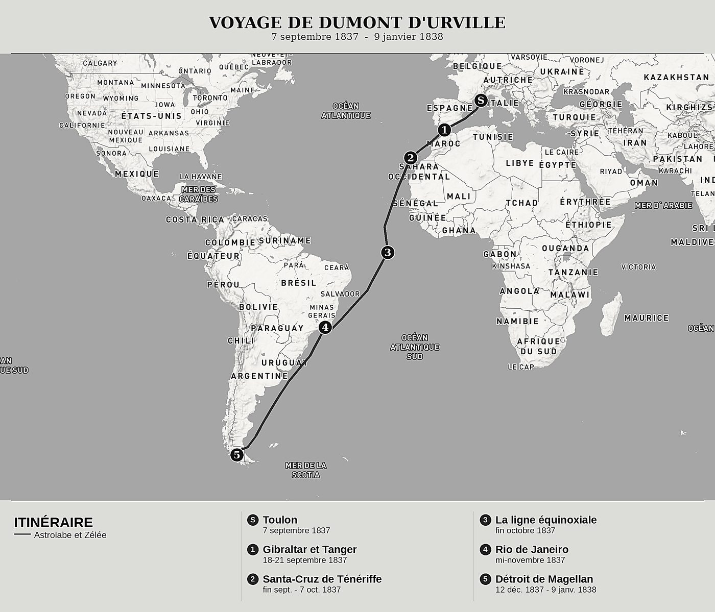 Carte d'ensemble de Voyage au pôle Sud et dans l'Océanie, Tome I : Toulon, Ténériffe, Rio de Janeiro et le détroit de Magellan de Jules Dumont d'Urville, nord en haut : 7 septembre 1837  -  9 janvier 1838.