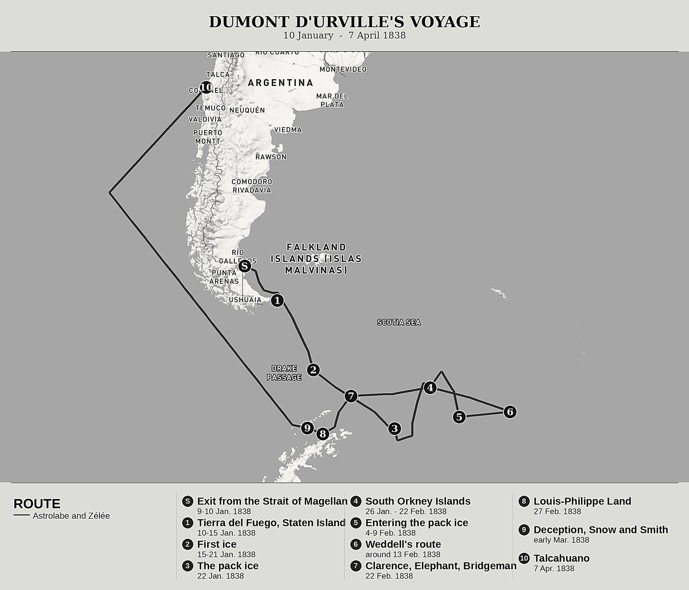 Overview map of Voyage to the South Pole and Oceania, Volume II: The Pack Ice, the South Orkneys, Louis-Philippe Land and Talcahuano by Jules Dumont d'Urville, north at top: 10 january  -  7 april 1838.