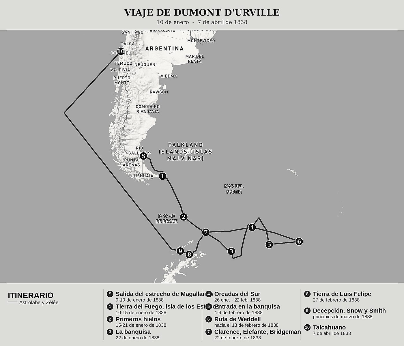 Mapa general de Viaje al Polo Sur y a Oceanía, Tomo II: La banquisa, las Orcadas del Sur, la Tierra de Luis Felipe y Talcahuano de Jules Dumont d'Urville, norte arriba: 10 de enero  -  7 de abril de 1838.