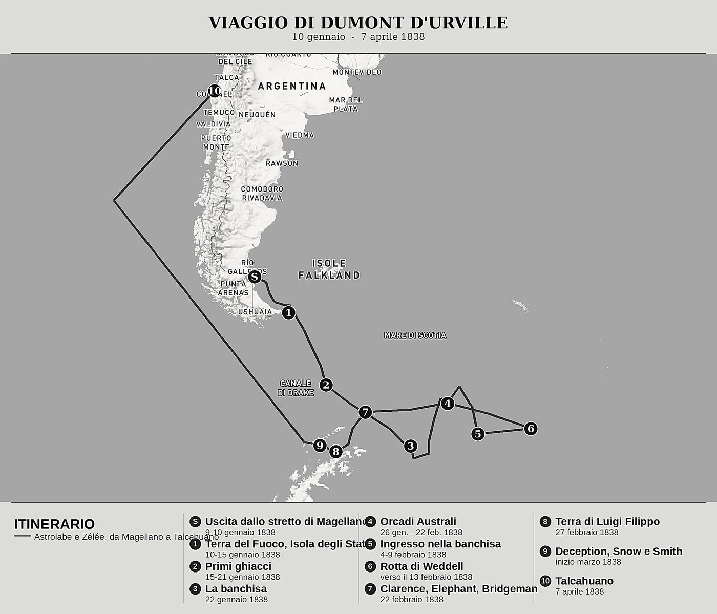 Mappa d'insieme di Viaggio al polo Sud e in Oceania, Tomo II: La banchisa, le Orcadi Australi, la Terra di Luigi Filippo e Talcahuano di Jules Dumont d'Urville, nord in alto: 10 gennaio  -  7 aprile 1838.
