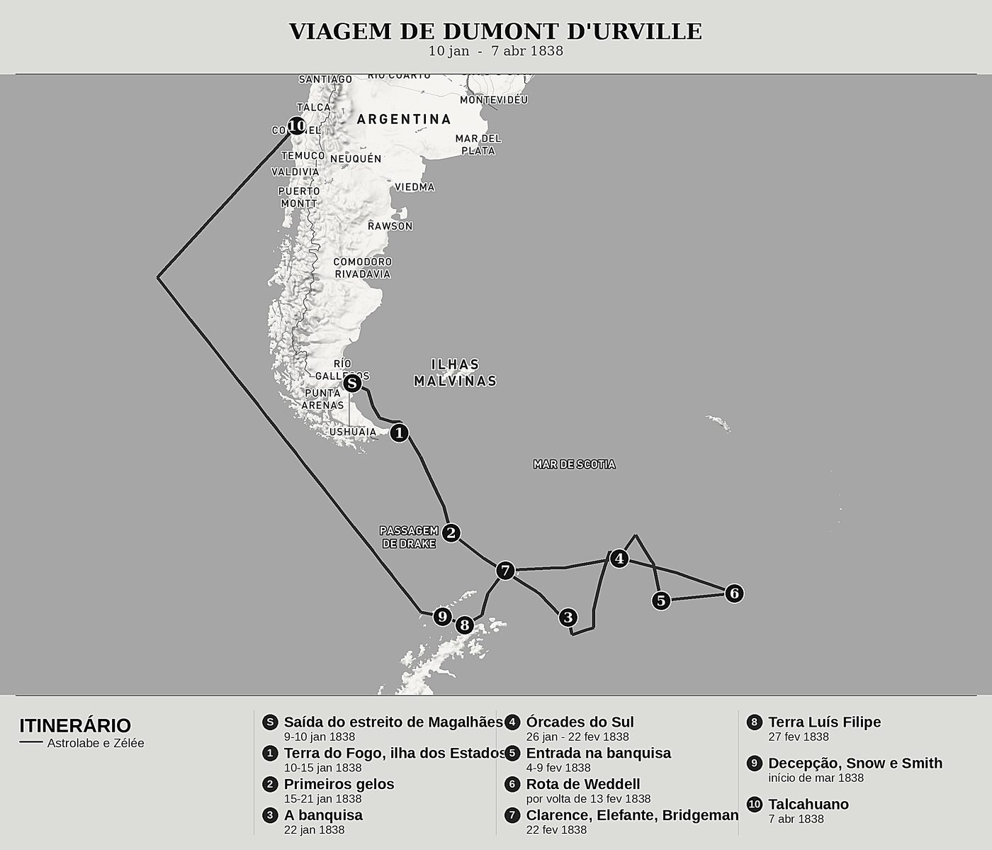 Mapa geral de Viagem ao Polo Sul e à Oceânia, Tomo II: A banquisa, as Órcades do Sul, a Terra Luís Filipe e Talcahuano de Jules Dumont d'Urville, norte em cima: 10 jan  -  7 abr 1838.
