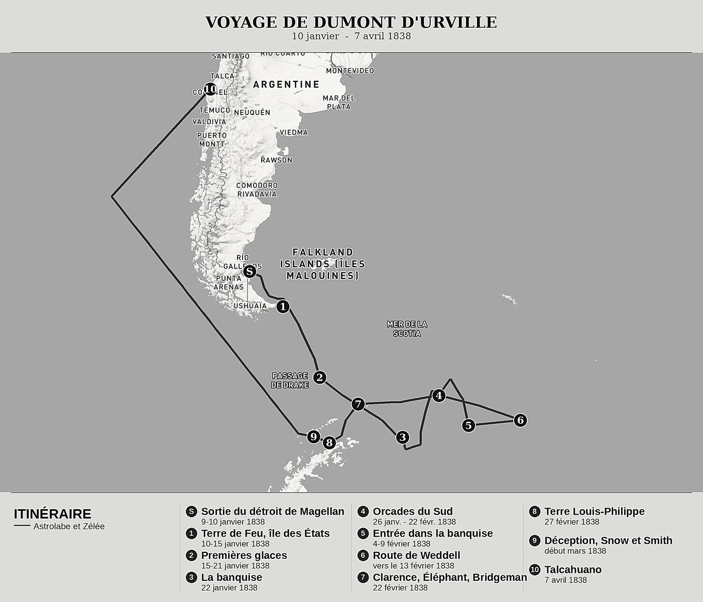 Carte d'ensemble de Voyage au pôle Sud et dans l'Océanie, Tome II : La banquise, les Orcades du Sud, la terre Louis-Philippe et Talcahuano de Jules Dumont d'Urville, nord en haut : 10 janvier  -  7 avril 1838.