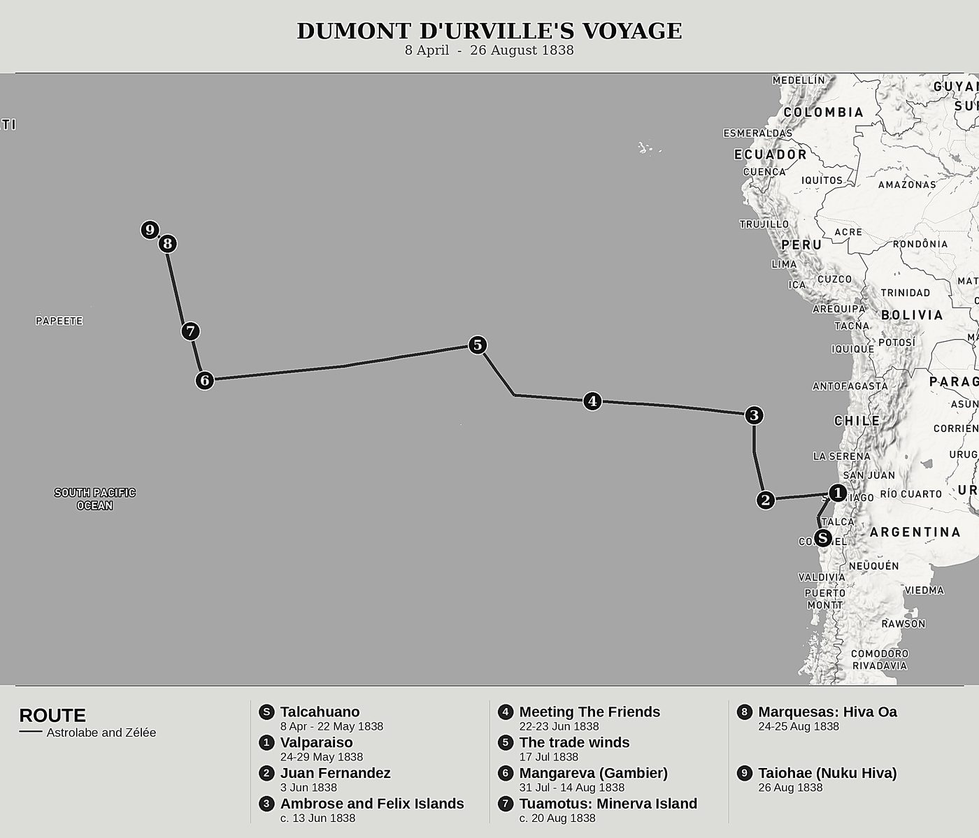 Overview map of Voyage to the South Pole and Oceania, Volume III: Talcahuano, Valparaiso, Mangareva and Nuku Hiva by Jules Dumont d'Urville, north at top: 8 april  -  26 august 1838.