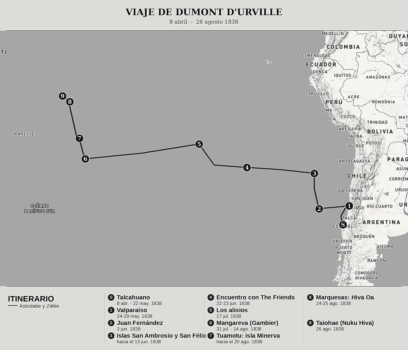 Mapa general de Viaje al Polo Sur y a Oceanía, Tomo III: Talcahuano, Valparaíso, Mangareva y Nuku Hiva de Jules Dumont d'Urville, norte arriba: 8 abril  -  26 agosto 1838.