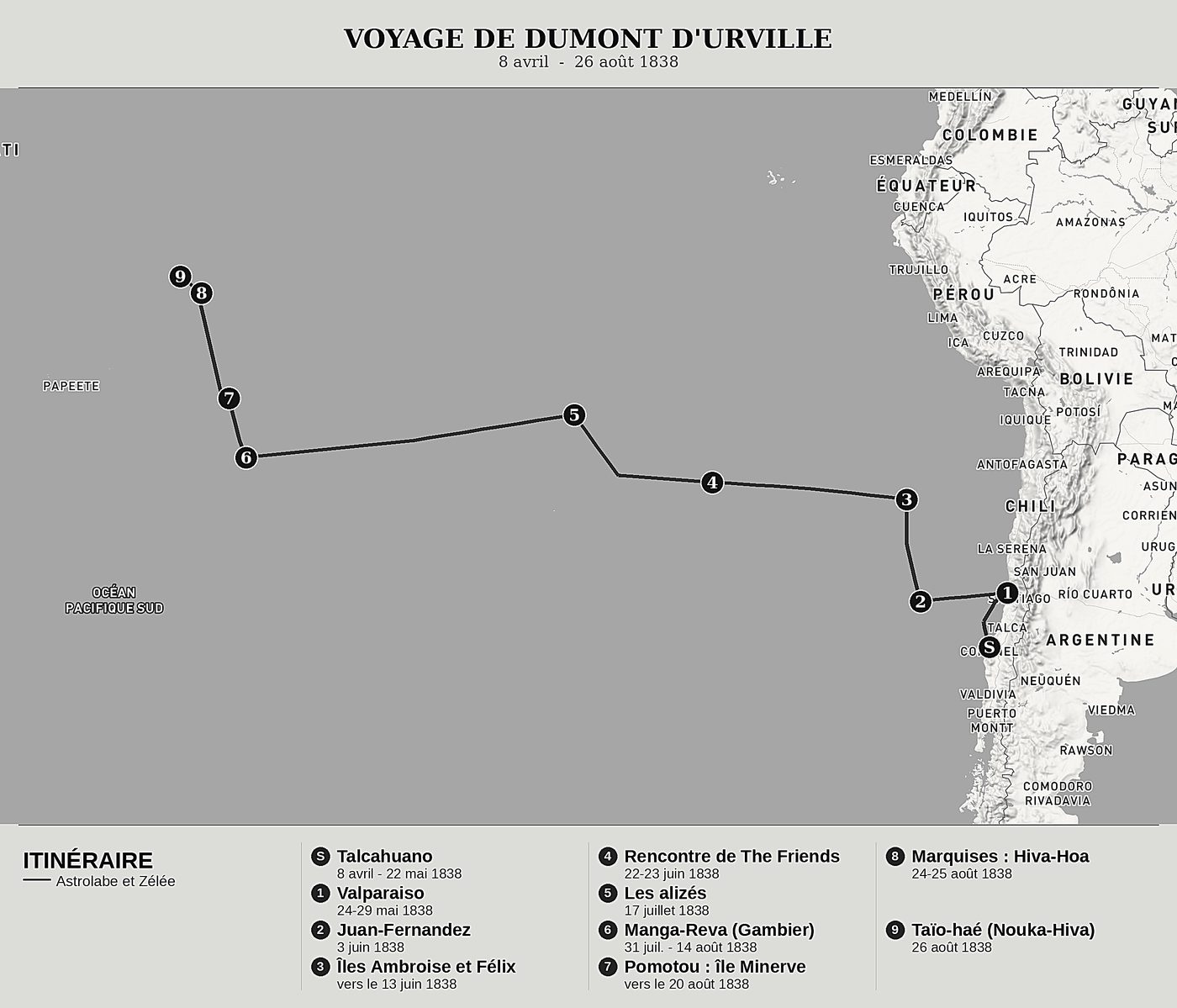 Carte d'ensemble de Voyage au pôle Sud et dans l'Océanie, Tome III : Talcahuano, Valparaiso, Manga-Reva et Nouka-Hiva de Jules Dumont d'Urville, nord en haut : 8 avril  -  26 août 1838.