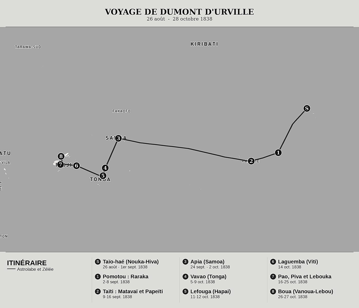 Carte d'ensemble de Voyage au pôle Sud et dans l'Océanie, Tome IV : Nouka-Hiva, Taïti, Tonga et les îles Viti de Jules Dumont d'Urville, nord en haut : 26 août  -  28 octobre 1838.