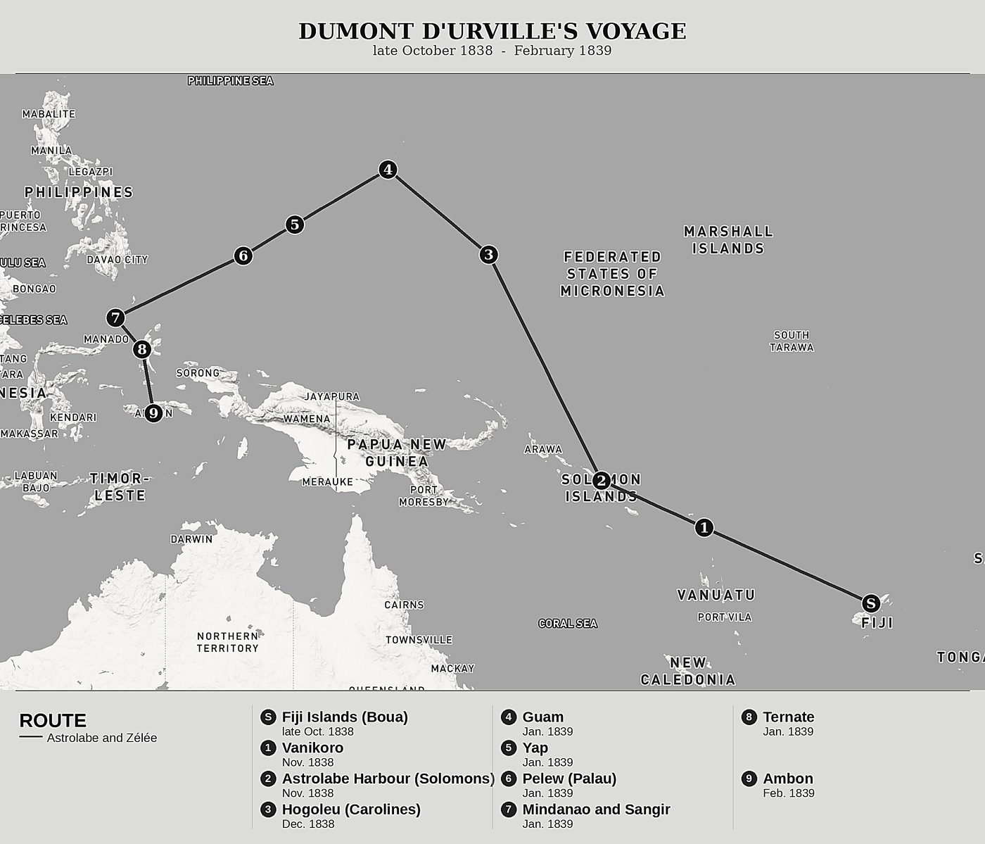 Overview map of Voyage to the South Pole and Oceania, Volume V: Vanikoro, the Solomon Islands, the Carolines and Ambon by Jules Dumont d'Urville, north at top: late october 1838  -  february 1839.