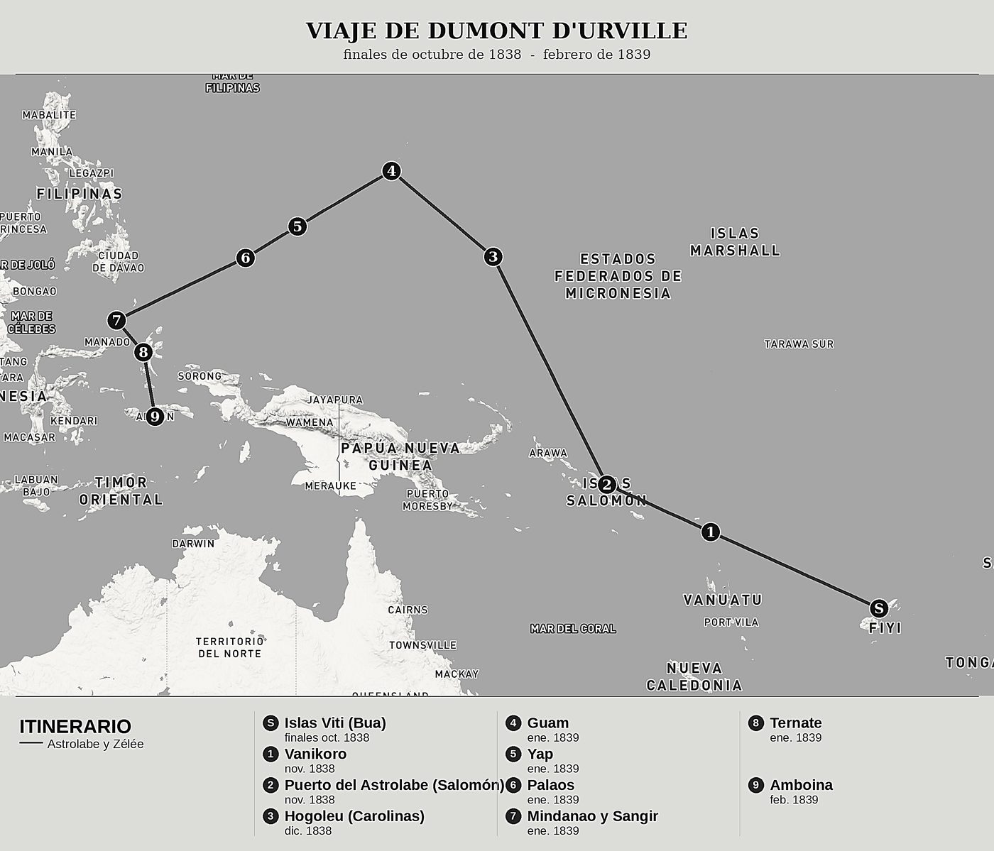 Mapa general de Viaje al Polo Sur y a Oceanía, Tomo V: Vanikoro, las islas Salomón, las Carolinas y Amboina de Jules Dumont d'Urville, norte arriba: finales de octubre de 1838  -  febrero de 1839.