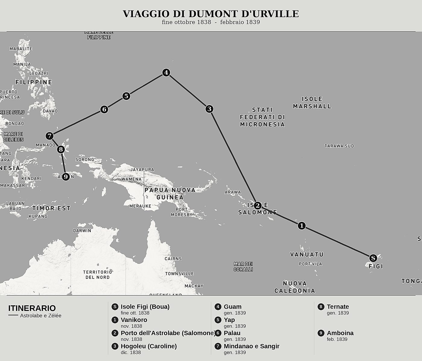 Mappa d'insieme di Viaggio al Polo Sud e in Oceania, Tomo V: Vanikoro, le isole Salomone, le Caroline e Amboina di Jules Dumont d'Urville, nord in alto: fine ottobre 1838  -  febbraio 1839.