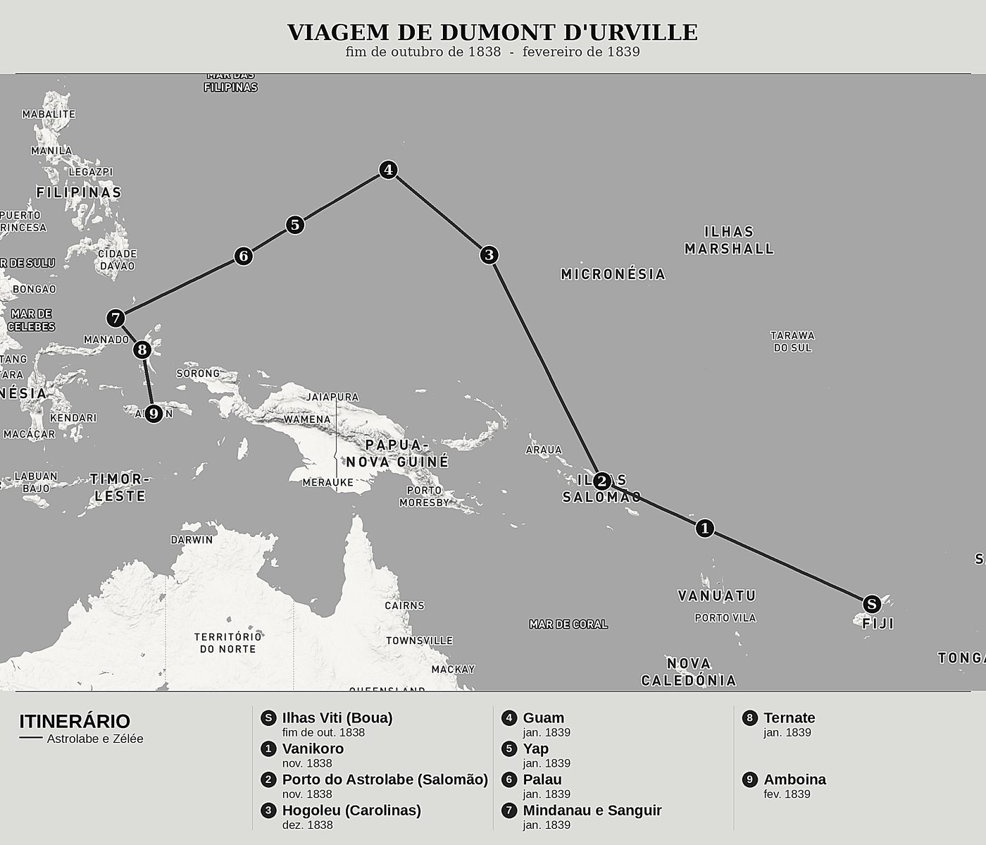 Mapa geral de Viagem ao Polo Sul e à Oceania, Tomo V: Vanikoro, as ilhas Salomão, as Carolinas e Amboina de Jules Dumont d'Urville, norte em cima: fim de outubro de 1838  -  fevereiro de 1839.