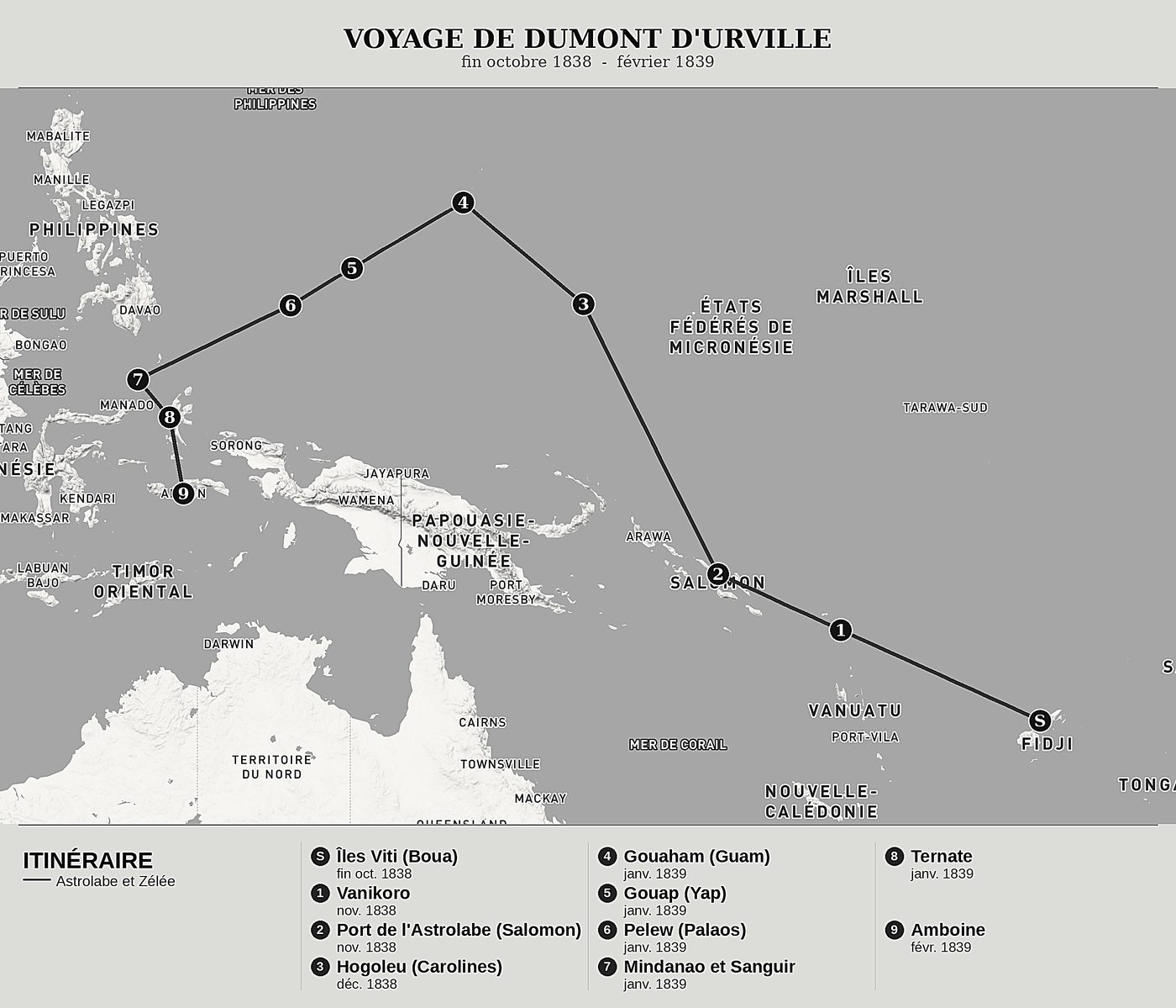 Carte d'ensemble de Voyage au pôle Sud et dans l'Océanie, Tome V : Vanikoro, les îles Salomon, les Carolines et Amboine de Jules Dumont d'Urville, nord en haut : fin octobre 1838  -  février 1839.