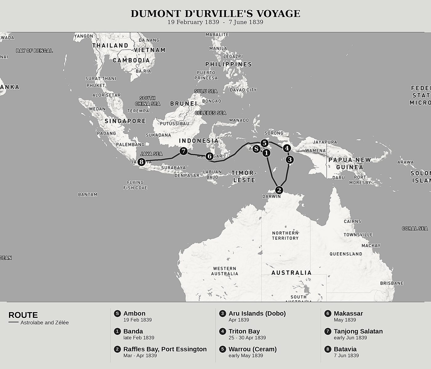 Overview map of Voyage to the South Pole and Oceania, Volume VI: Banda, Port Essington, New Guinea and Makassar by Jules Dumont d'Urville, north at top: 19 february 1839  -  7 june 1839.