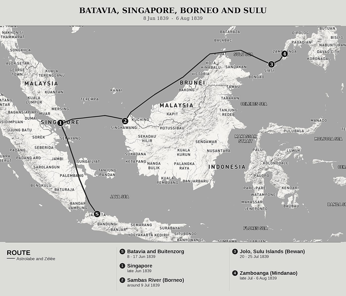 Overview map of Voyage to the South Pole and Oceania, Volume VII: Batavia, Singapore, Borneo and Mindanao by Jules Dumont d'Urville, north at top: 8 jun 1839  -  6 aug 1839.