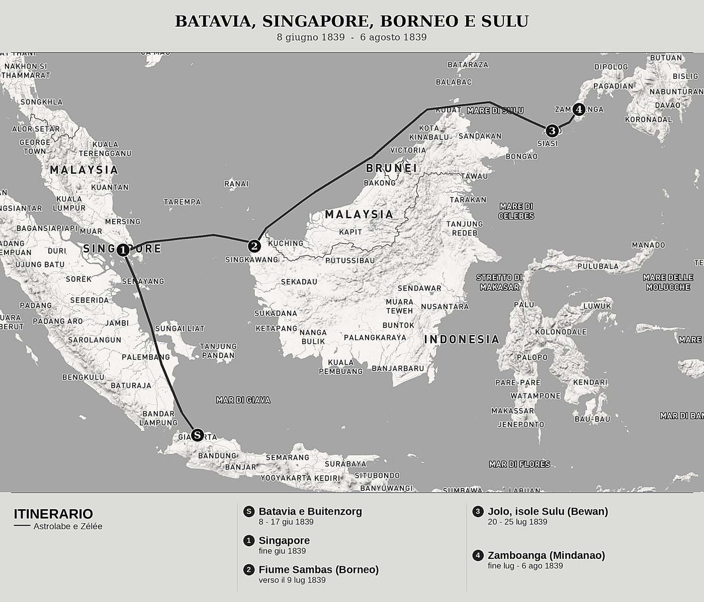 Mappa d'insieme di Viaggio al Polo Sud e in Oceania, Tomo VII: Batavia, Singapore, Borneo e Mindanao di Jules Dumont d'Urville, nord in alto: 8 giugno 1839  -  6 agosto 1839.