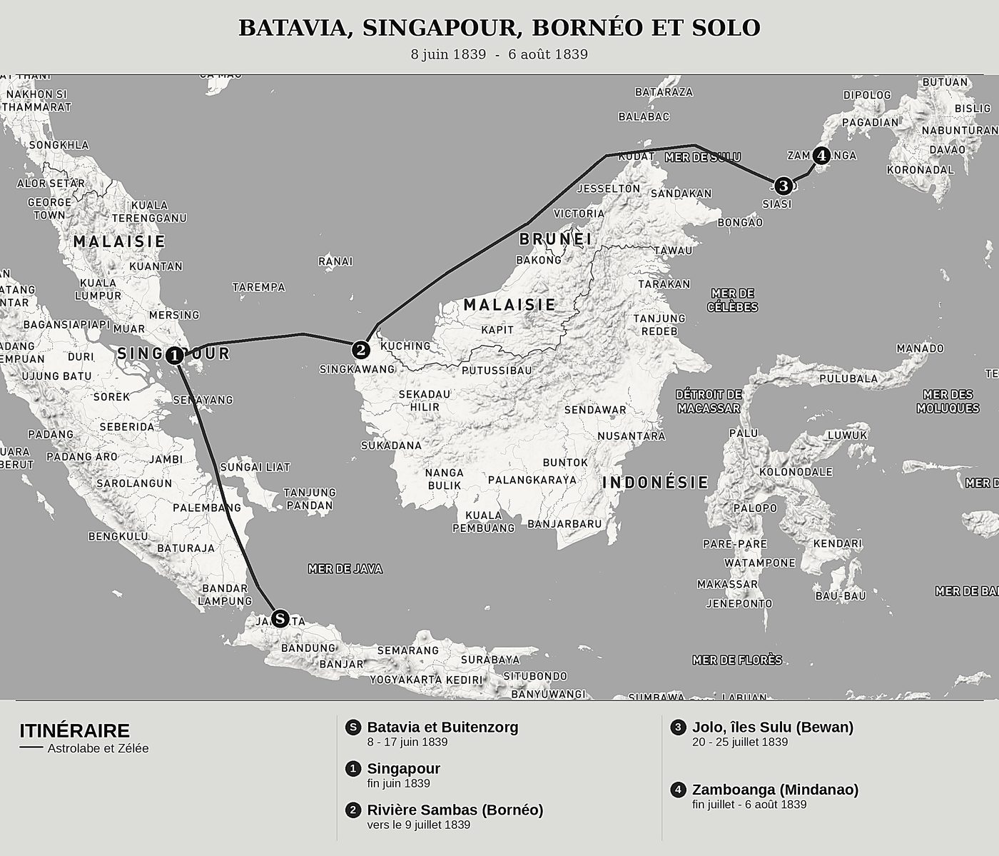 Carte d'ensemble de Voyage au pôle Sud et dans l'Océanie, Tome VII : Batavia, Singapour, Bornéo et Mindanao de Jules Dumont d'Urville, nord en haut : 8 juin 1839  -  6 août 1839.