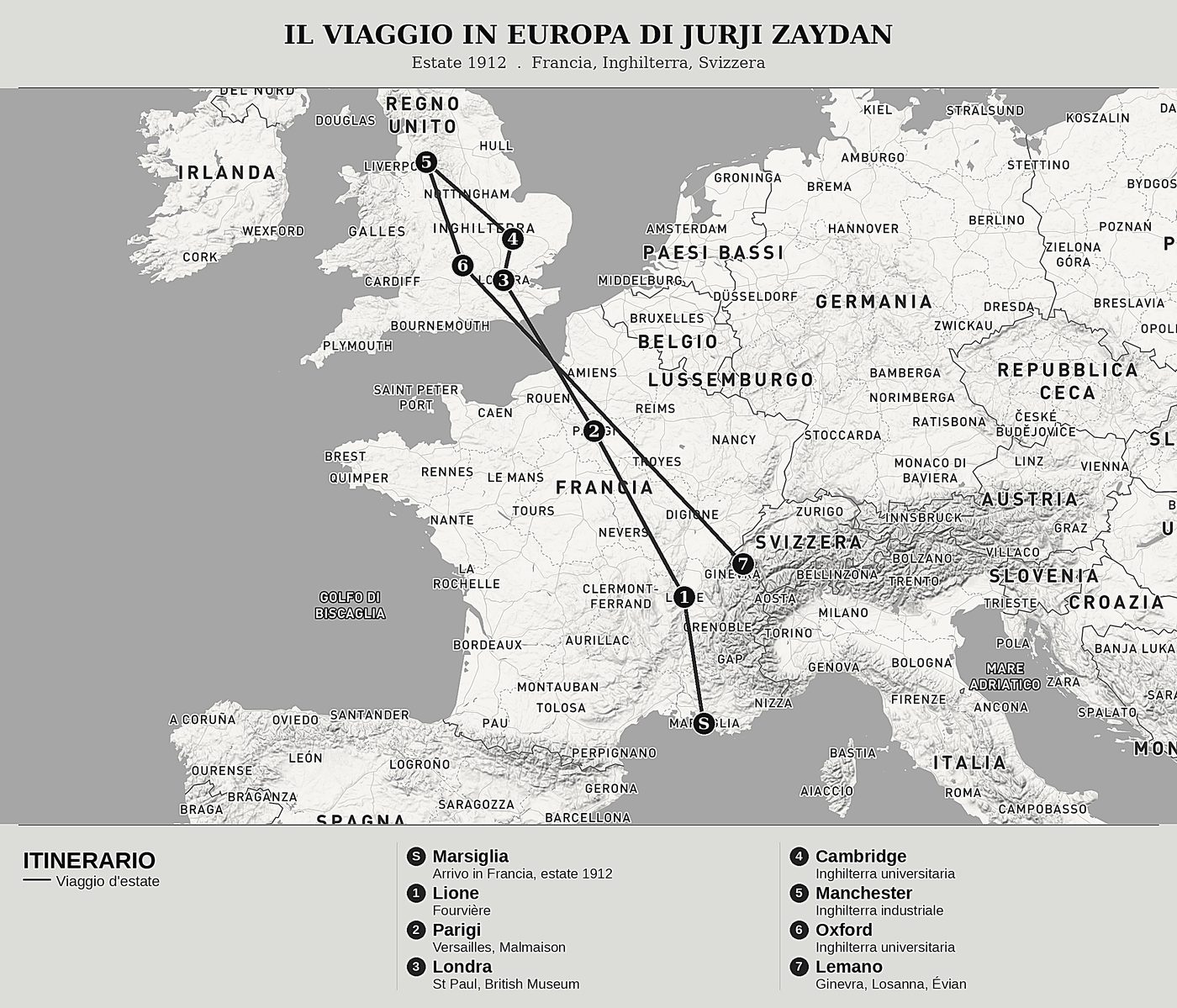 Mappa d'insieme di Viaggio in Europa di Jurji Zaydan, nord in alto: estate 1912  .  francia, inghilterra, svizzera.