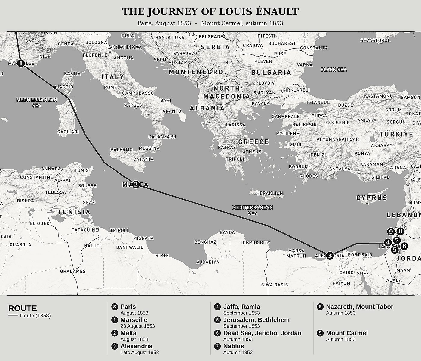 Overview map of Forty Pilgrims in the Holy Land by Louis Énault, north at top: paris, august 1853  –  mount carmel, autumn 1853.