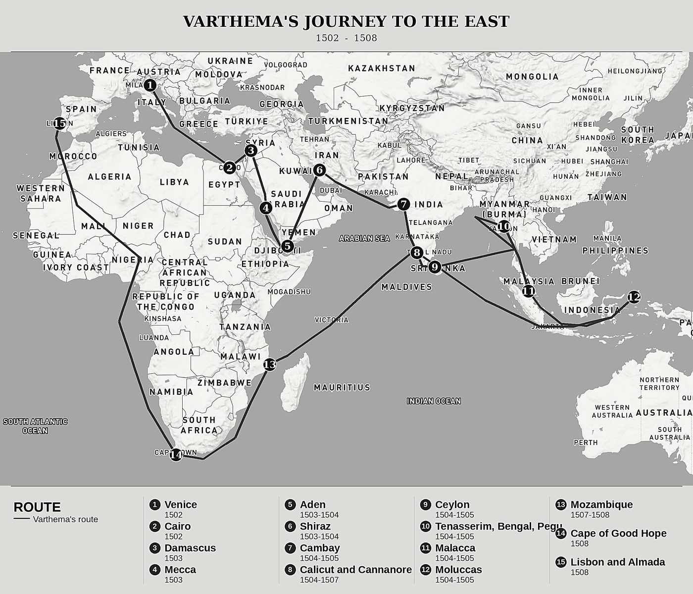 Overview map of The Travels of Ludovico di Varthema by Ludovico di Varthema, north at top: 1502  -  1508.