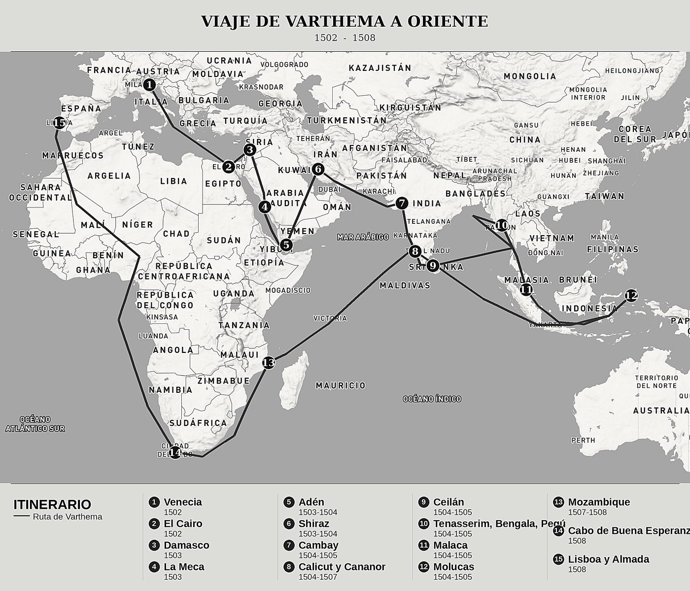 Mapa general de Itinerario de Ludovico di Varthema, norte arriba: 1502  -  1508.