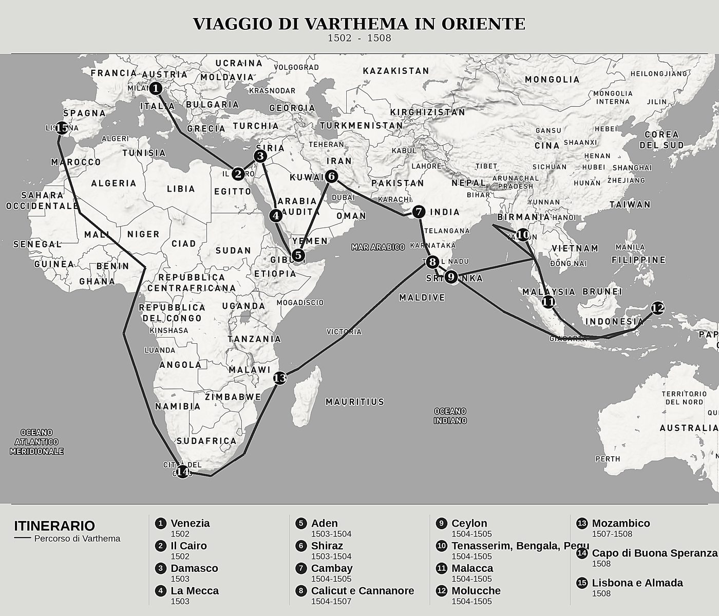 Mappa d'insieme di Itinerario di Ludovico di Varthema, nord in alto: 1502  -  1508.