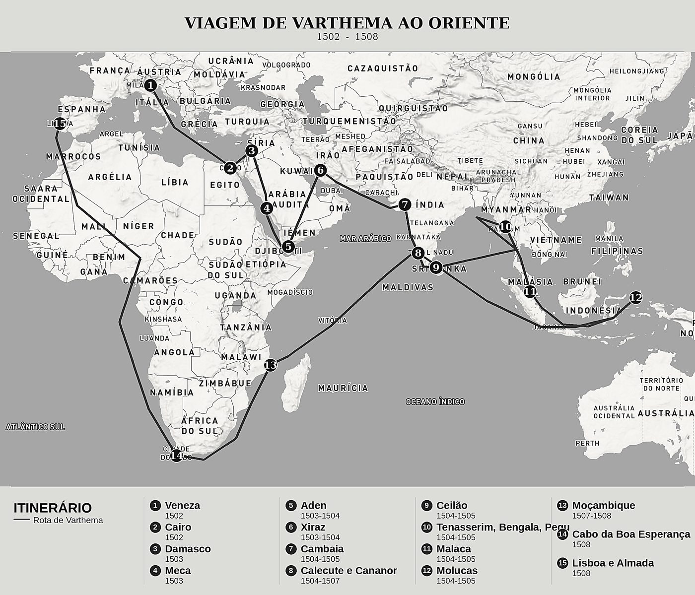 Mapa geral de Itinerário de Ludovico di Varthema, norte em cima: 1502  -  1508.