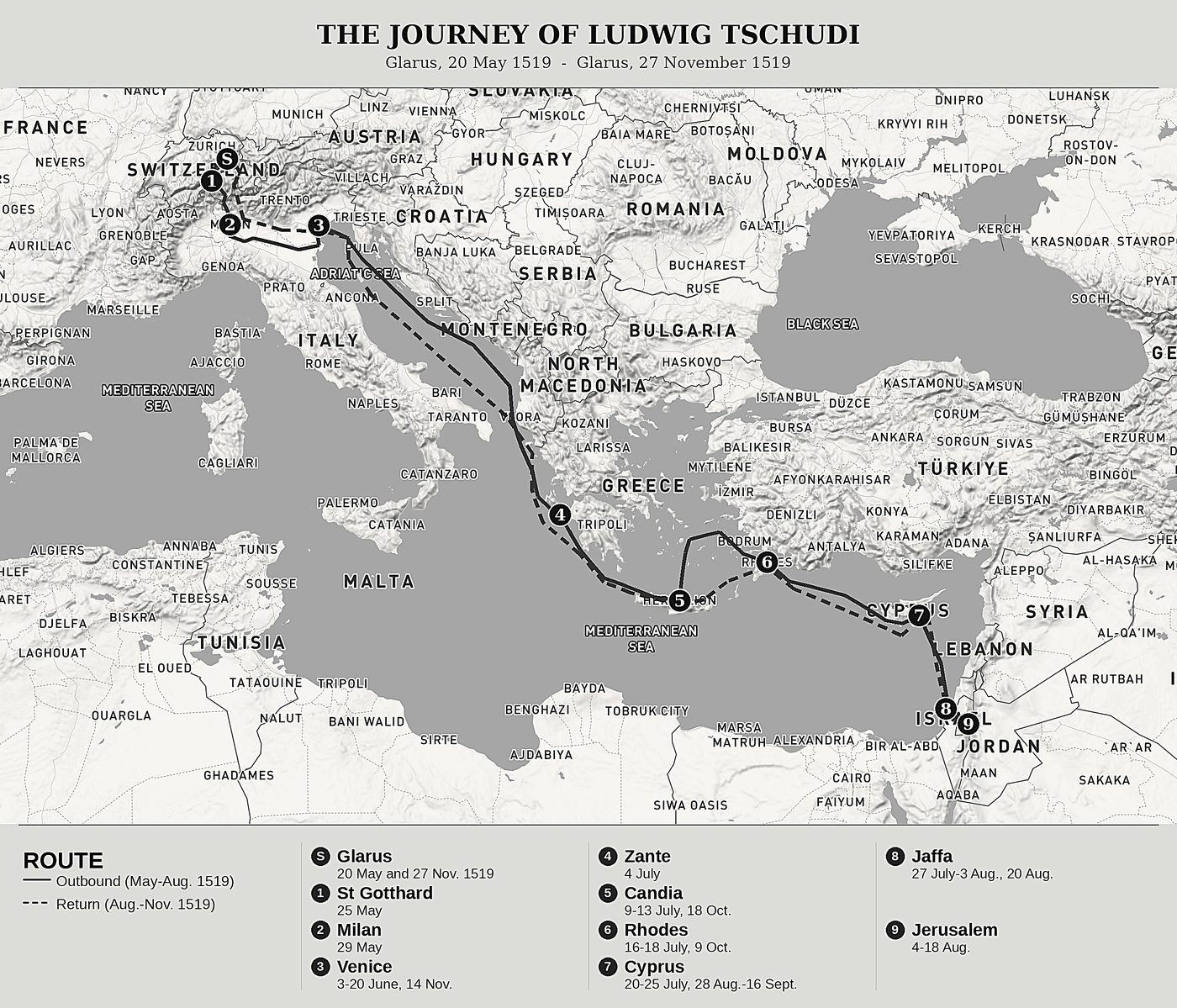 Overview map of Journey and Pilgrimage to the Holy Sepulchre by Ludwig Tschudi, north at top: glarus, 20 may 1519  -  glarus, 27 november 1519.