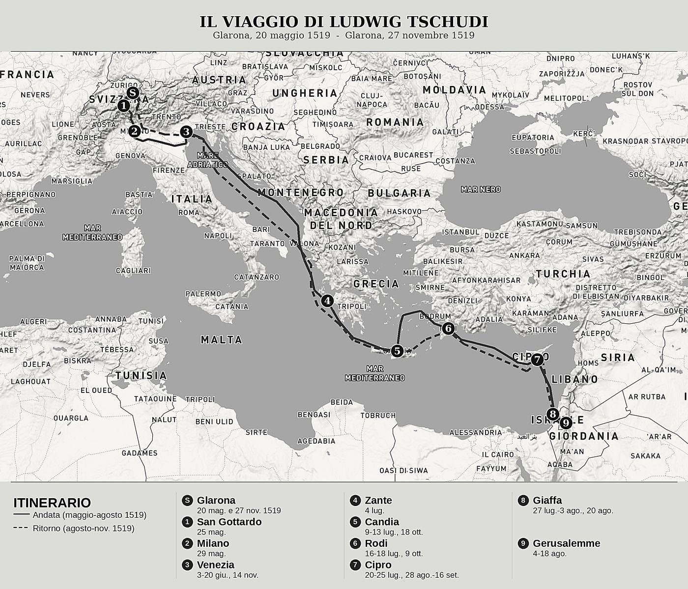 Mappa d'insieme di Viaggio e pellegrinaggio al Santo Sepolcro di Ludwig Tschudi, nord in alto: glarona, 20 maggio 1519  -  glarona, 27 novembre 1519.