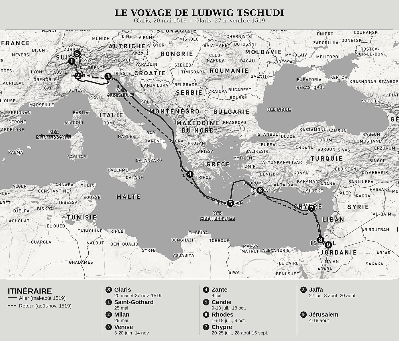 Carte d'ensemble de Voyage et pèlerinage au Saint-Sépulcre de Ludwig Tschudi, nord en haut : glaris, 20 mai 1519  -  glaris, 27 novembre 1519.