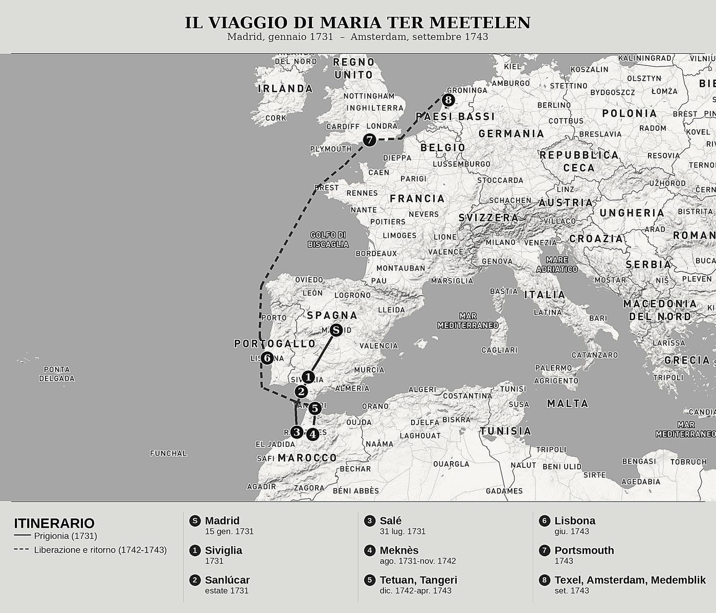 Mappa d'insieme di Avventure meravigliose e notevoli di una schiavitù di dodici anni di Maria ter Meetelen, nord in alto: madrid, gennaio 1731  –  amsterdam, settembre 1743.