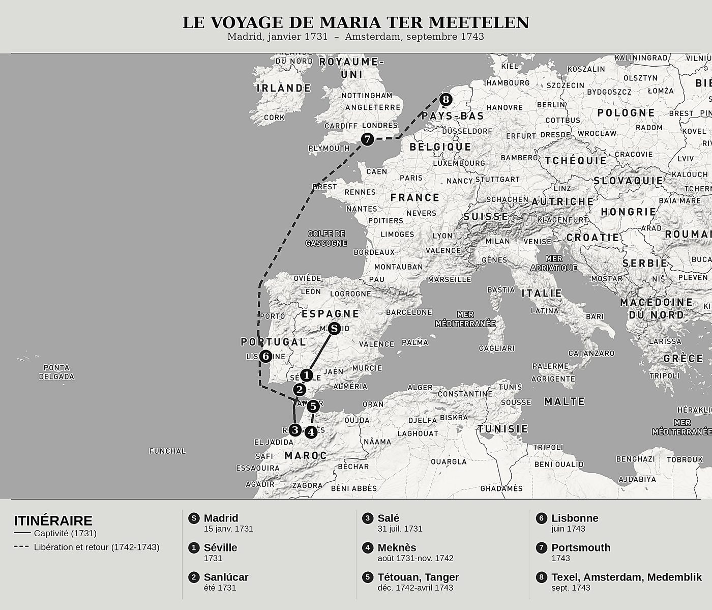 Carte d'ensemble de Aventures merveilleuses et remarquables d'un esclavage de douze ans de Maria ter Meetelen, nord en haut : madrid, janvier 1731  –  amsterdam, septembre 1743.