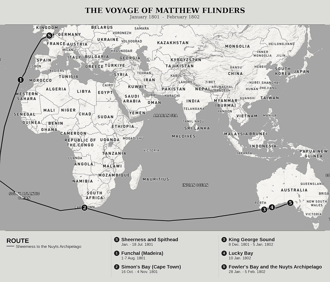 Overview map of A Voyage to Terra Australis by Matthew Flinders, north at top: january 1801  -  february 1802.