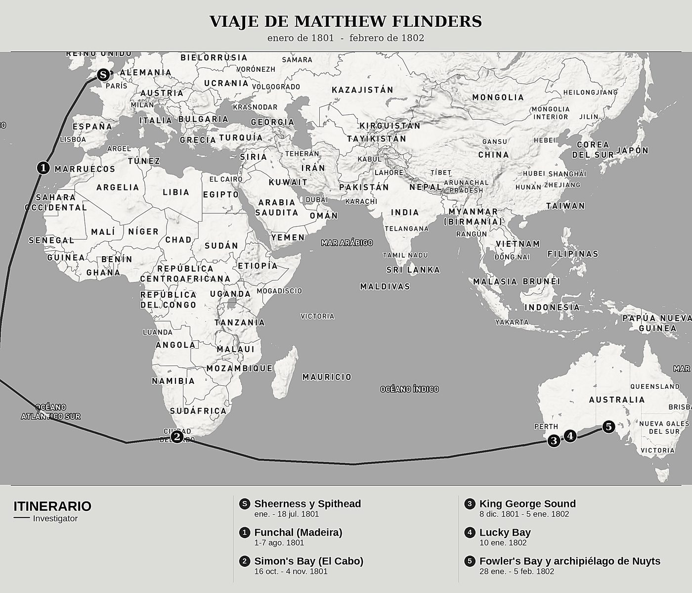 Mapa general de Viaje a la Tierra Austral, Tomo I: De Inglaterra al Cabo, King George Sound y el archipiélago de Nuyts de Matthew Flinders, norte arriba: enero de 1801  -  febrero de 1802.