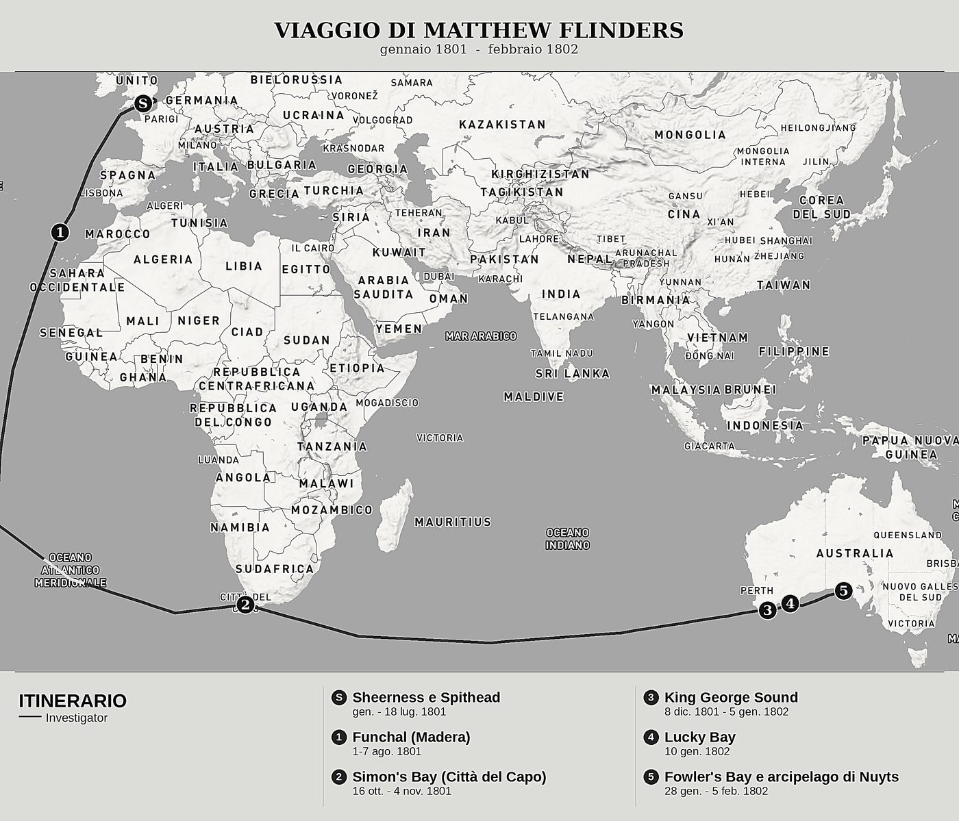Mappa d'insieme di Viaggio alla Terra Australe, Tomo I: Dall'Inghilterra al Capo, King George Sound e l'arcipelago di Nuyts di Matthew Flinders, nord in alto: gennaio 1801  -  febbraio 1802.