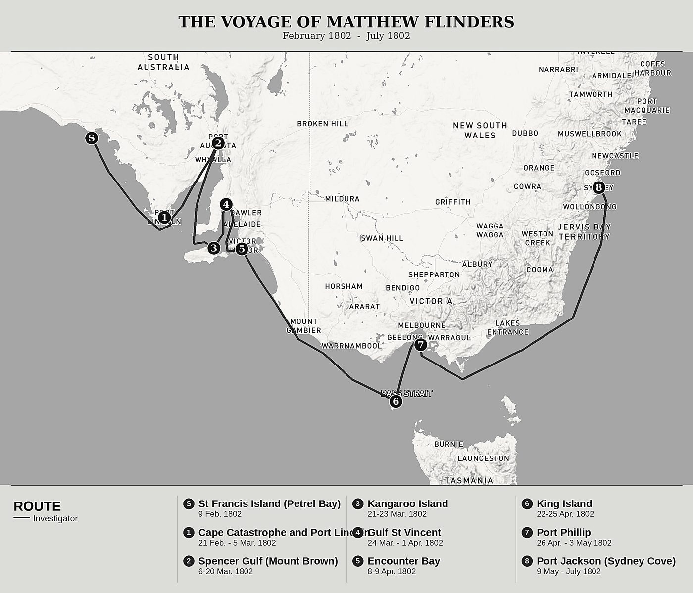 Overview map of A Voyage to Terra Australis by Matthew Flinders, north at top: february 1802  -  july 1802.