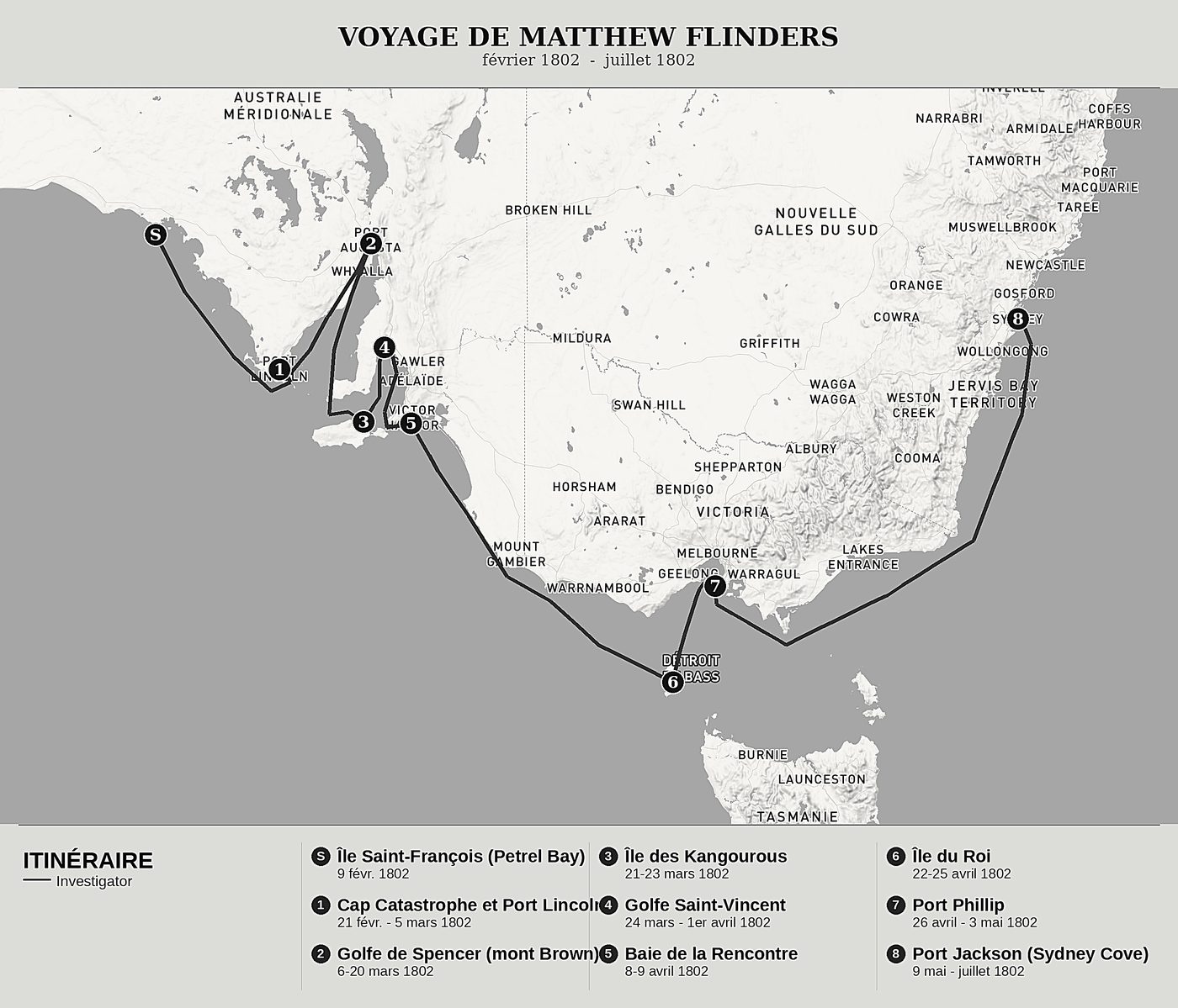 Carte d'ensemble de Voyage à la Terre australe, Tome II : Port Lincoln, les deux golfes, l'île des Kangourous et Port Jackson de Matthew Flinders, nord en haut : février 1802  -  juillet 1802.