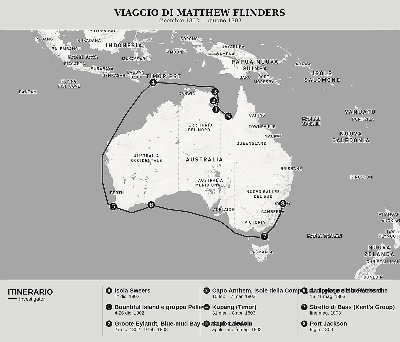 Mappa d'insieme di Viaggio alla Terra Australis, Tomo IV: Il golfo di Carpentaria, la Terra di Arnhem, Timor e il ritorno a Port Jackson di Matthew Flinders, nord in alto: dicembre 1802  -  giugno 1803.