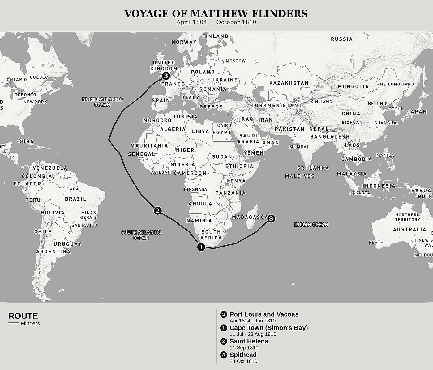 Overview map of A Voyage to Terra Australis by Matthew Flinders, north at top: april 1804  -  october 1810.