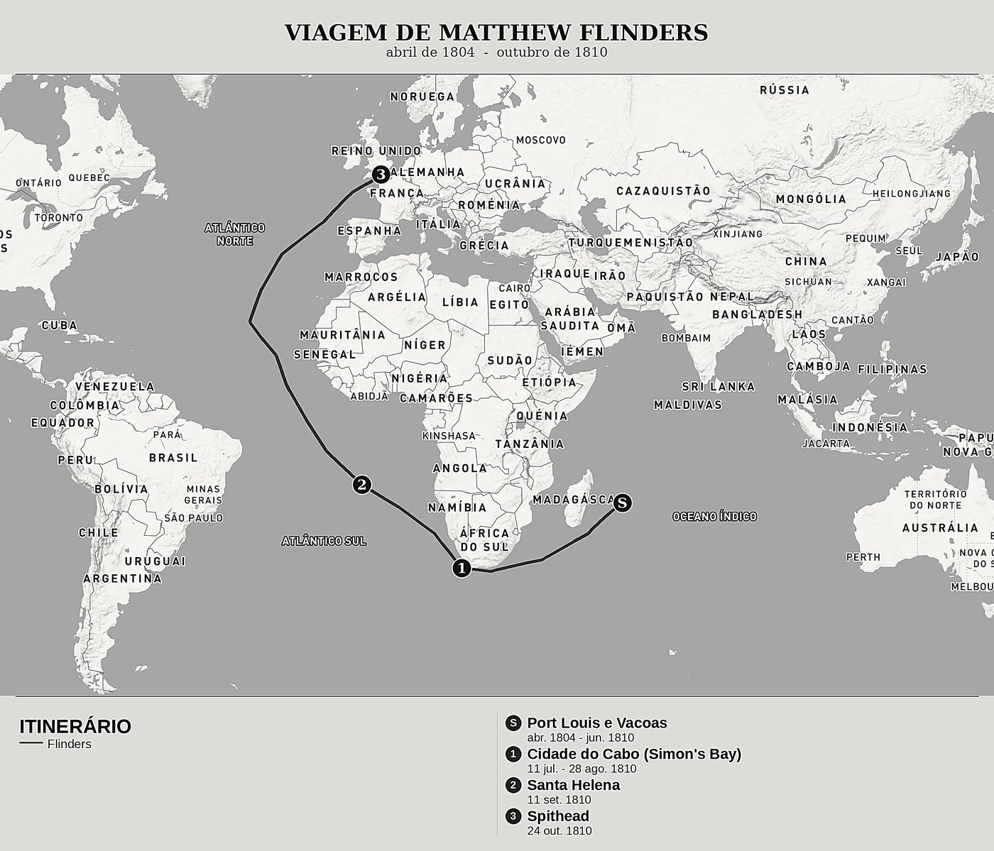Mapa geral de Viagem à Terra Austral, Tomo VI: Cativo na Ilha de França, a prisão do Jardim, Vacoas e o regresso a Inglaterra de Matthew Flinders, norte em cima: abril de 1804  -  outubro de 1810.