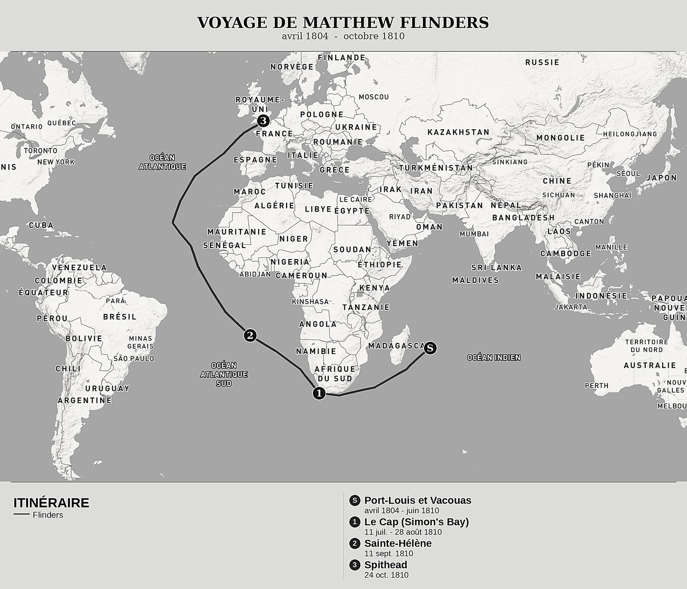 Carte d'ensemble de Voyage à la Terre australe, Tome VI : Captif à l'île de France, la prison du Jardin, Vacouas et le retour en Angleterre de Matthew Flinders, nord en haut : avril 1804  -  octobre 1810.