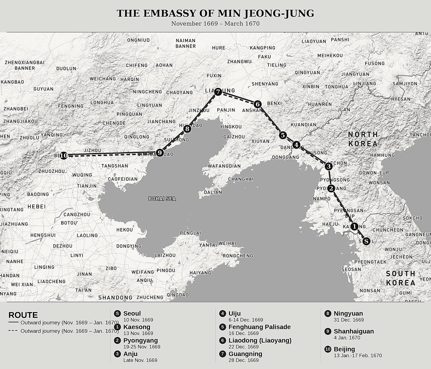 Overview map of Journal of a Journey to Beijing by Min Jeong-jung (閔鼎重, 1628-1692), north at top: november 1669 – march 1670.