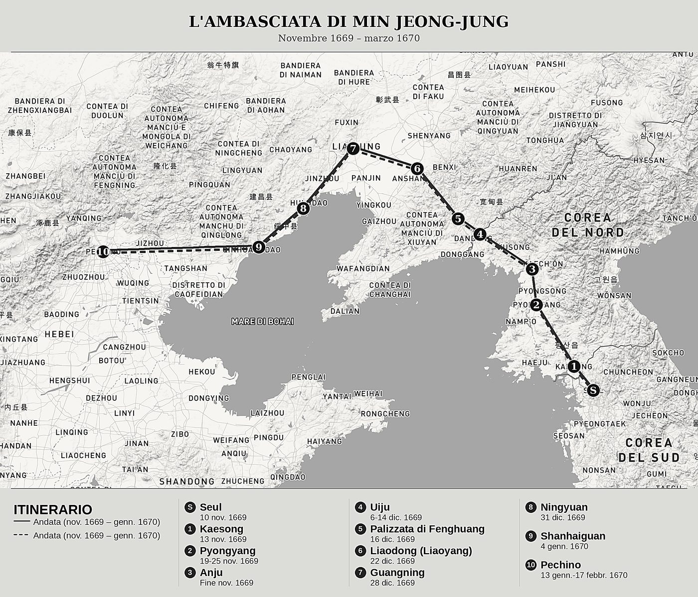 Mappa d'insieme di Diario di un viaggio a Pechino di Min Jeong-jung (閔鼎重, 1628-1692), nord in alto: novembre 1669 – marzo 1670.