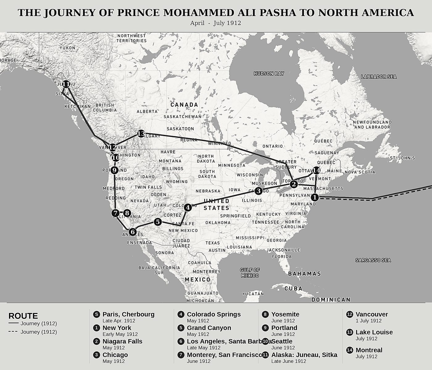 Overview map of The Journey of Prince Mohammed Ali Pasha to North America by Muhammad Ali Pacha (1875-1955), north at top: april  -  july 1912.