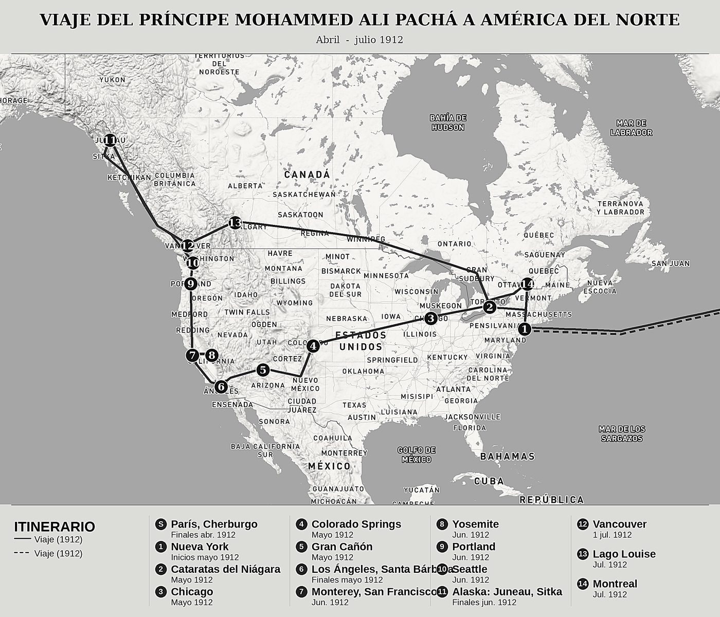 Mapa general de Viaje del príncipe Mohammed Ali Pachá a América del Norte de Muhammad Ali Pacha (1875-1955), norte arriba: abril  -  julio 1912.