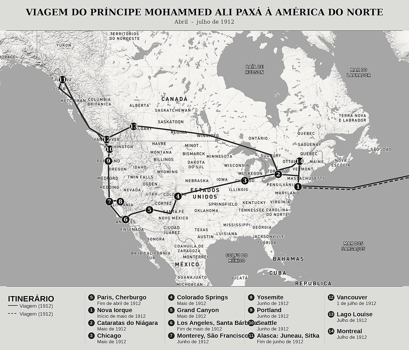 Mapa geral de Viagem do príncipe Mohammed Ali Paxá à América do Norte de Muhammad Ali Pacha (1875-1955), norte em cima: abril  -  julho de 1912.