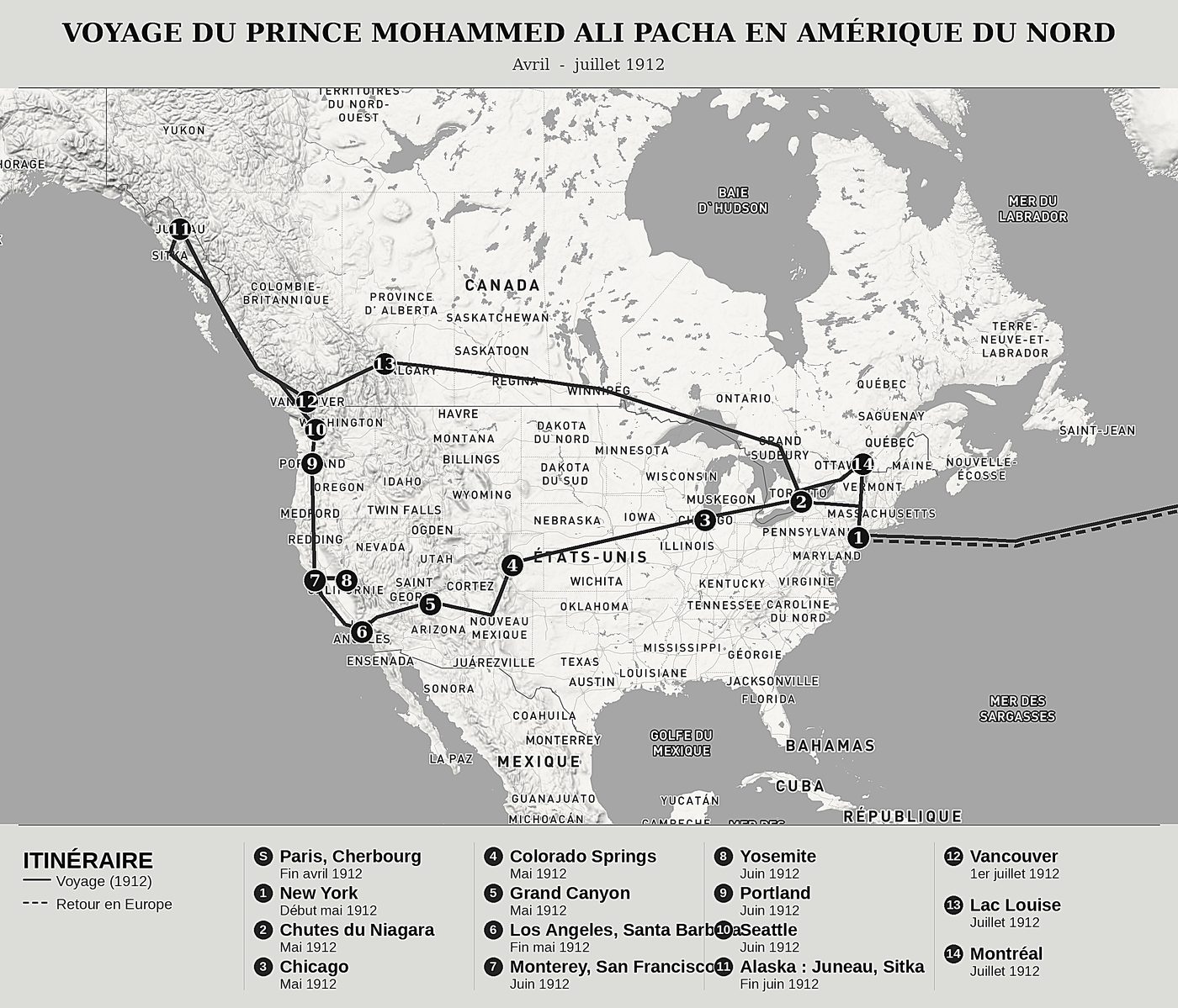 Carte d'ensemble de Voyage du prince Mohammed Ali Pacha en Amérique du Nord de Muhammad Ali Pacha (1875-1955), nord en haut : avril  -  juillet 1912.