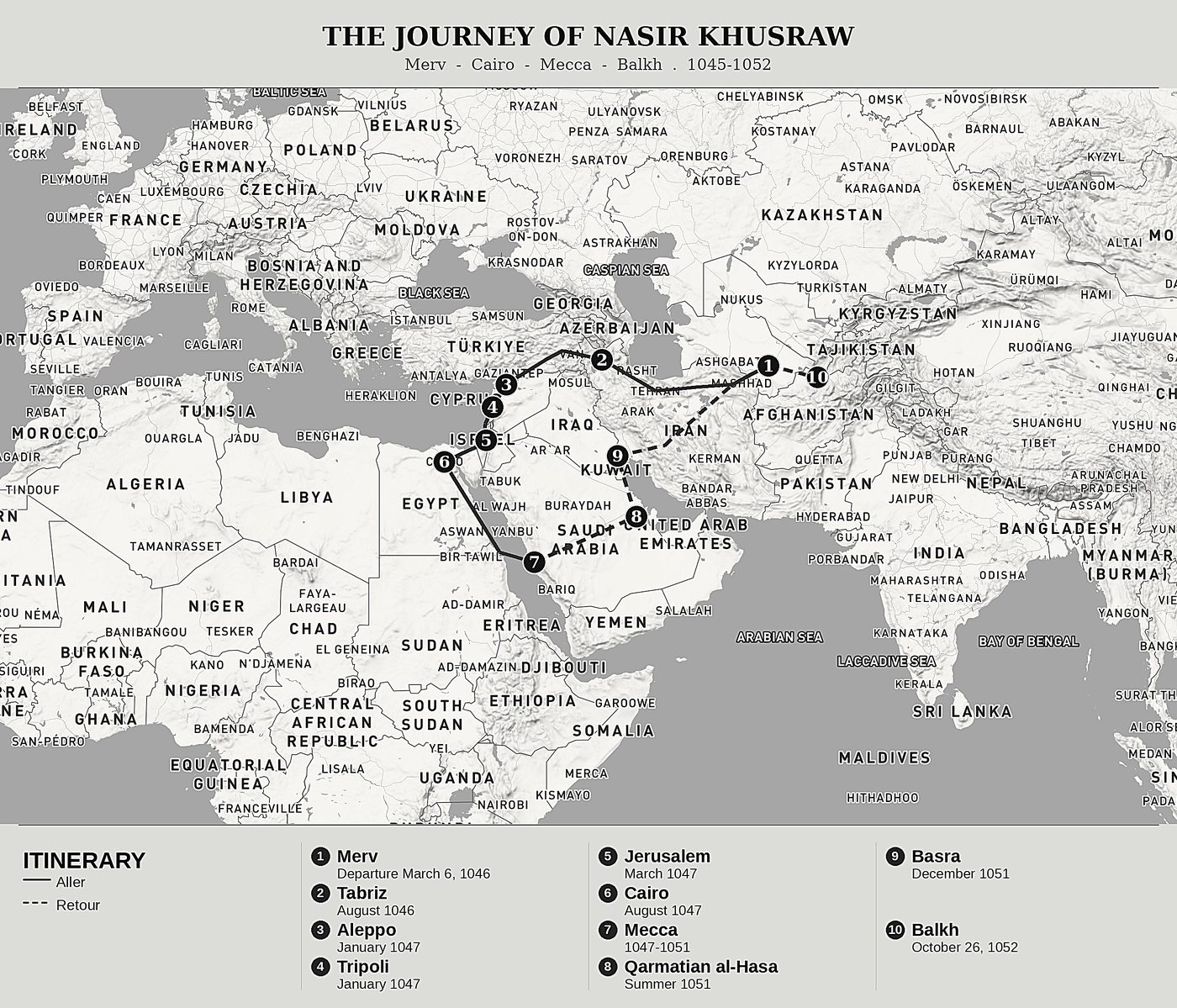 Overview map of Safarnama by Nasir Khusraw, north at top: merv  -  cairo  -  mecca  -  balkh  .  1045-1052.