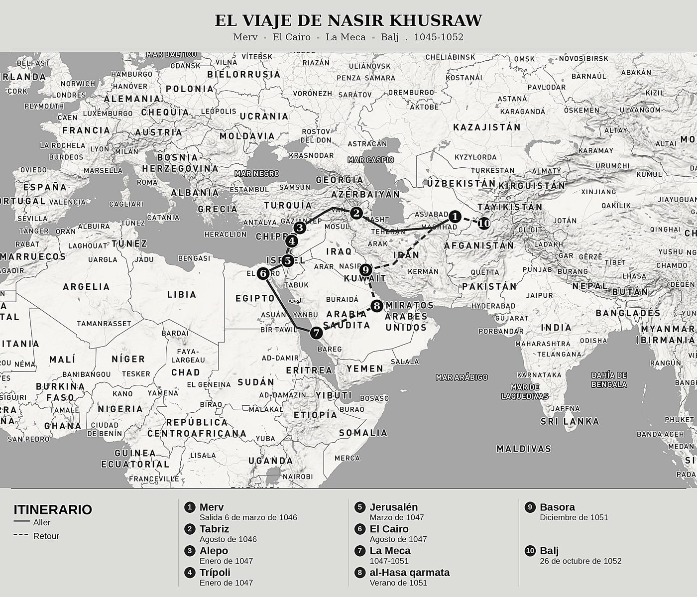 Mapa general de Safarnama de Nasir Khusraw, norte arriba: merv  -  el cairo  -  la meca  -  balj  .  1045-1052.