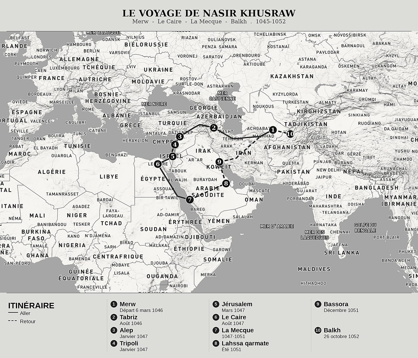 Carte d'ensemble de Safarnama de Nasir Khusraw, nord en haut : merw  -  le caire  -  la mecque  -  balkh  .  1045-1052.